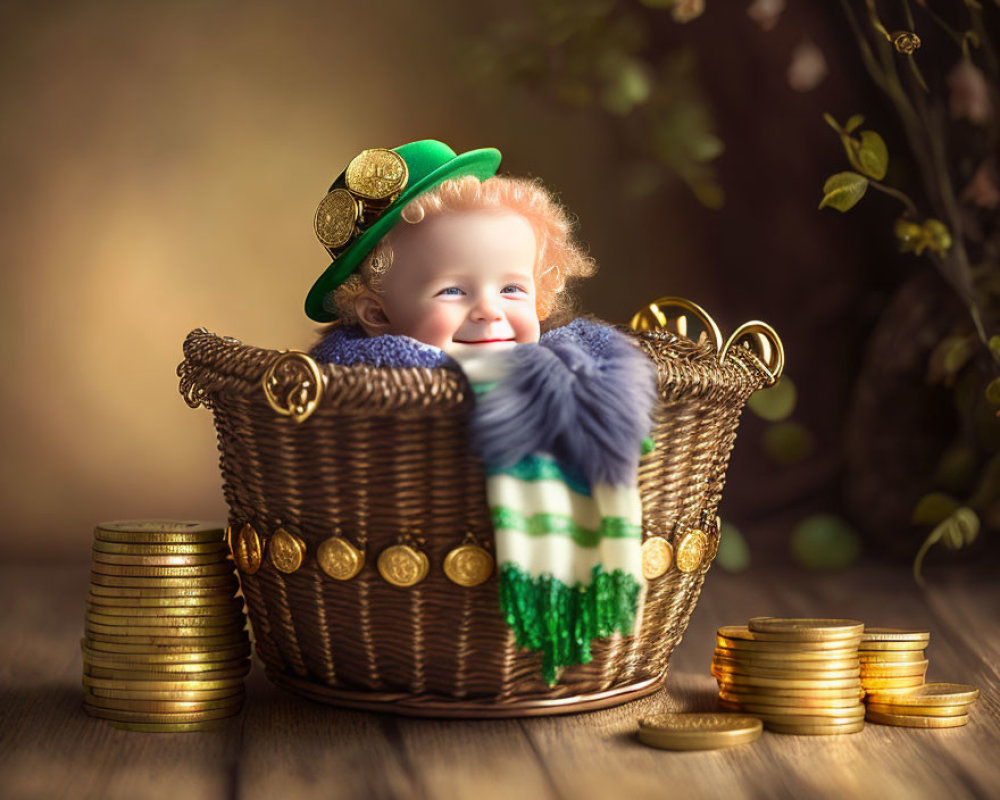 Adorable baby in leprechaun hat with gold coins in magical woodland setting