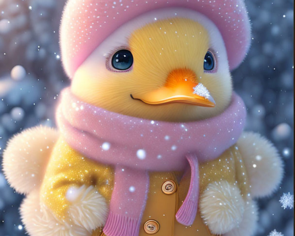 Illustrated Chick in Pink Winter Attire in Snowy Scene