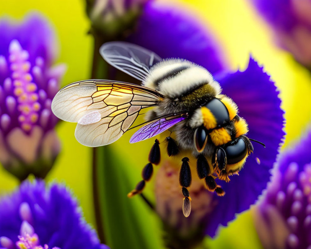 Detailed Close-Up of Bumblebee Pollinating Purple Flowers