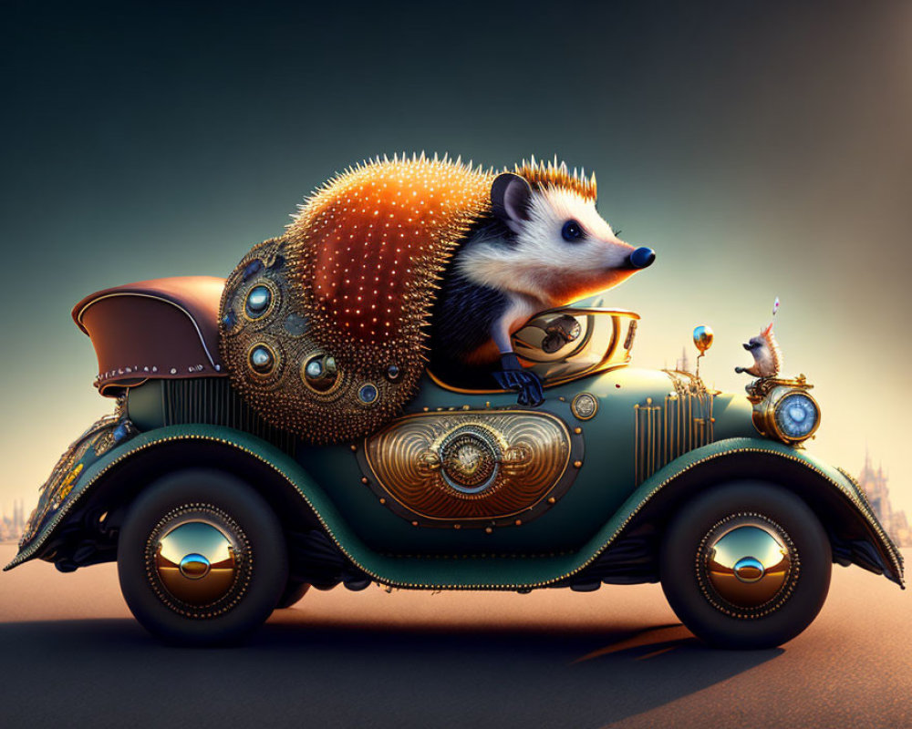 Whimsical hedgehog driving steampunk-style car with bird on hood at dusk