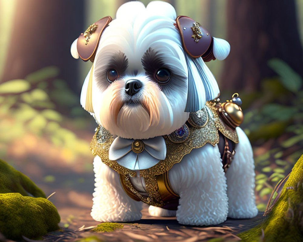 Stylized illustration of white dog with golden accessories in sunlit forest