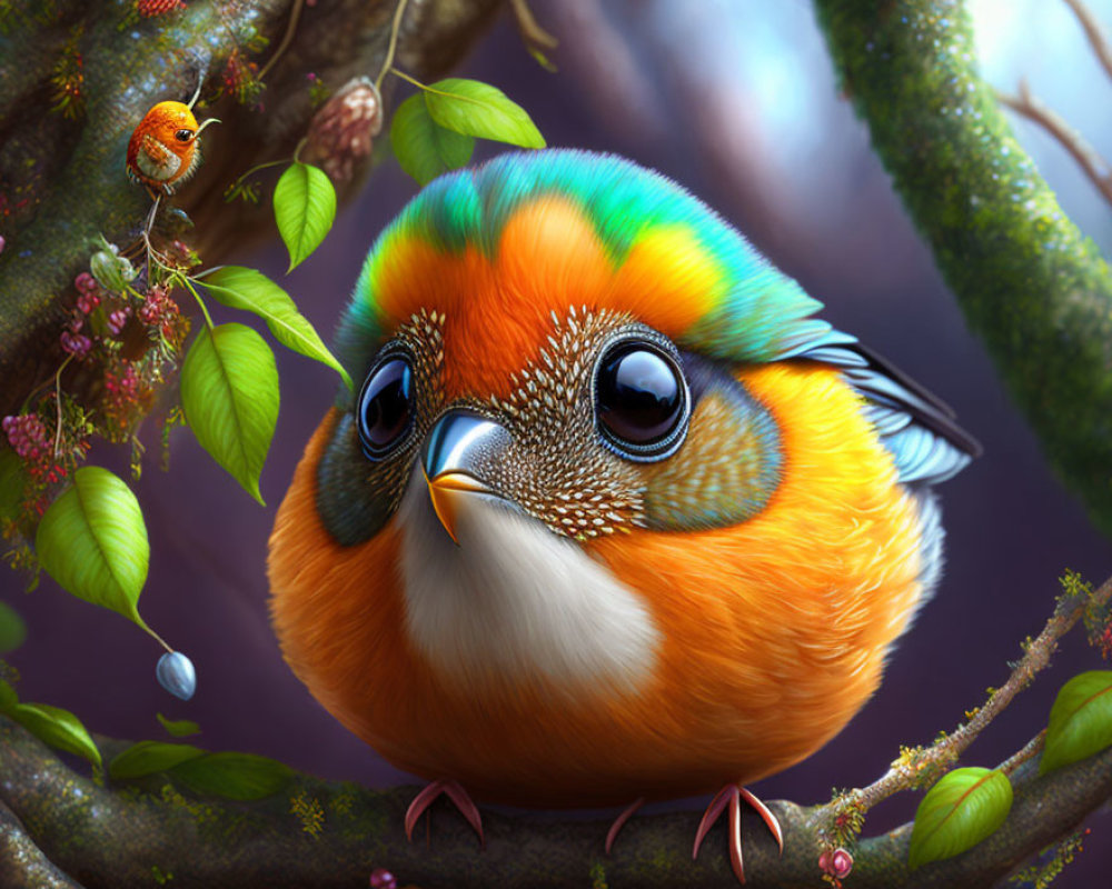 Vibrant illustration of plump bird on tree branch with lush foliage