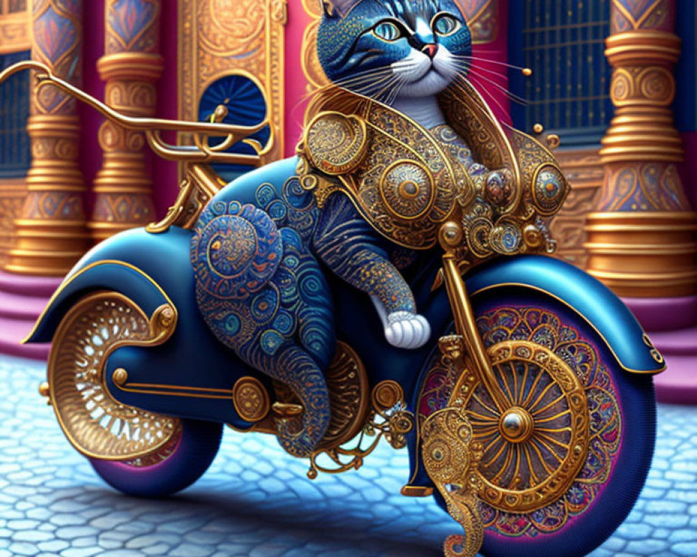 Whimsical cat with human-like eyes on ornate motorcycle in purple cityscape