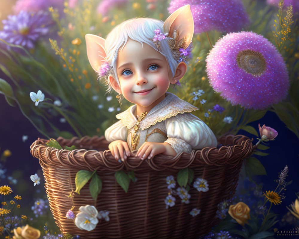 Colorful smiling creature in basket among flowers illustration