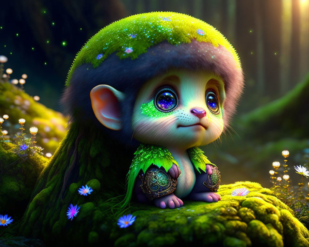 Whimsical creature with sparkling eyes in enchanted forest