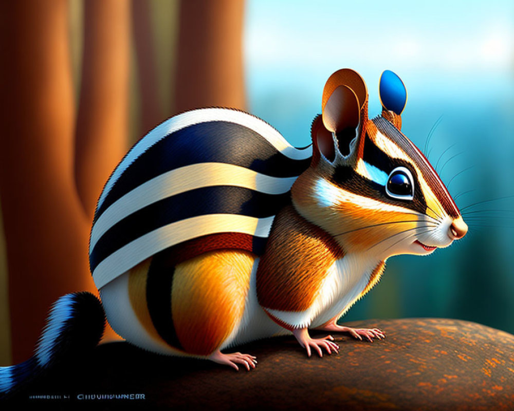 Colorful Chipmunk Illustration with Exaggerated Features and Blue Droplet