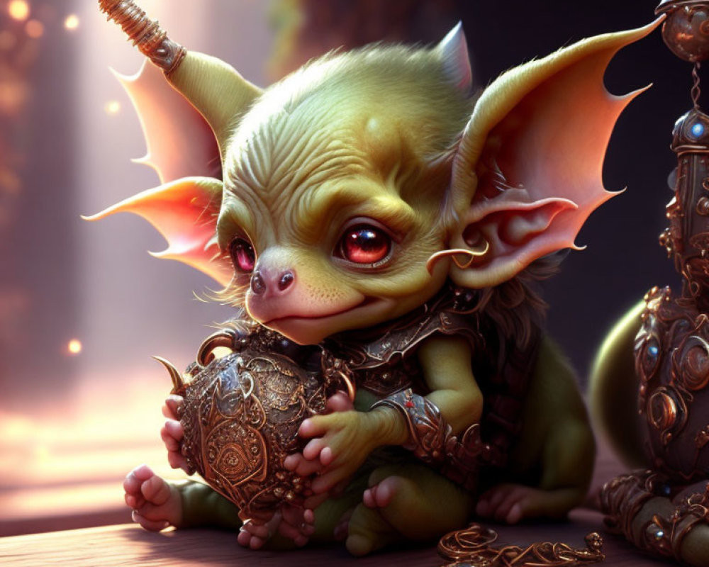 Fantasy creature with big eyes holding golden orb in antique setting