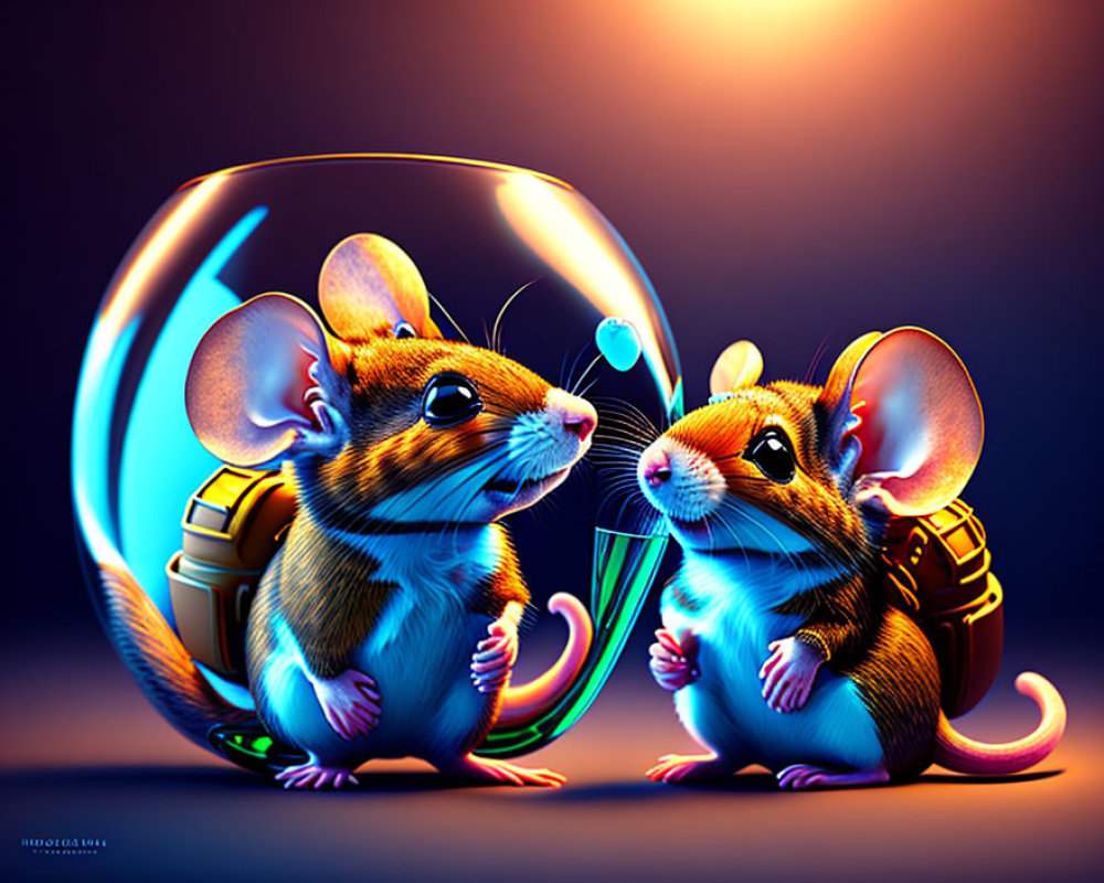 Stylized anthropomorphic mice with backpacks next to glowing circular shape