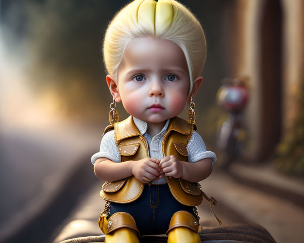 Digital illustration of oversized baby with banana on head in yellow outfit sitting on curb