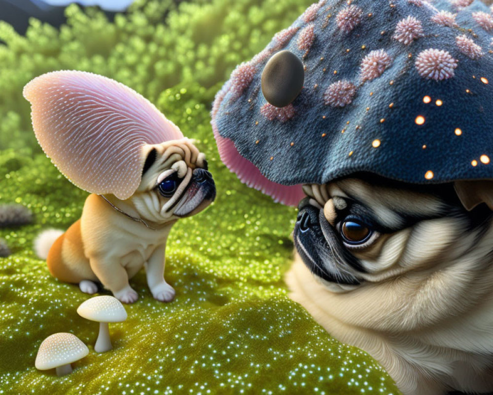 Illustration of two pugs in enchanted mushroom forest