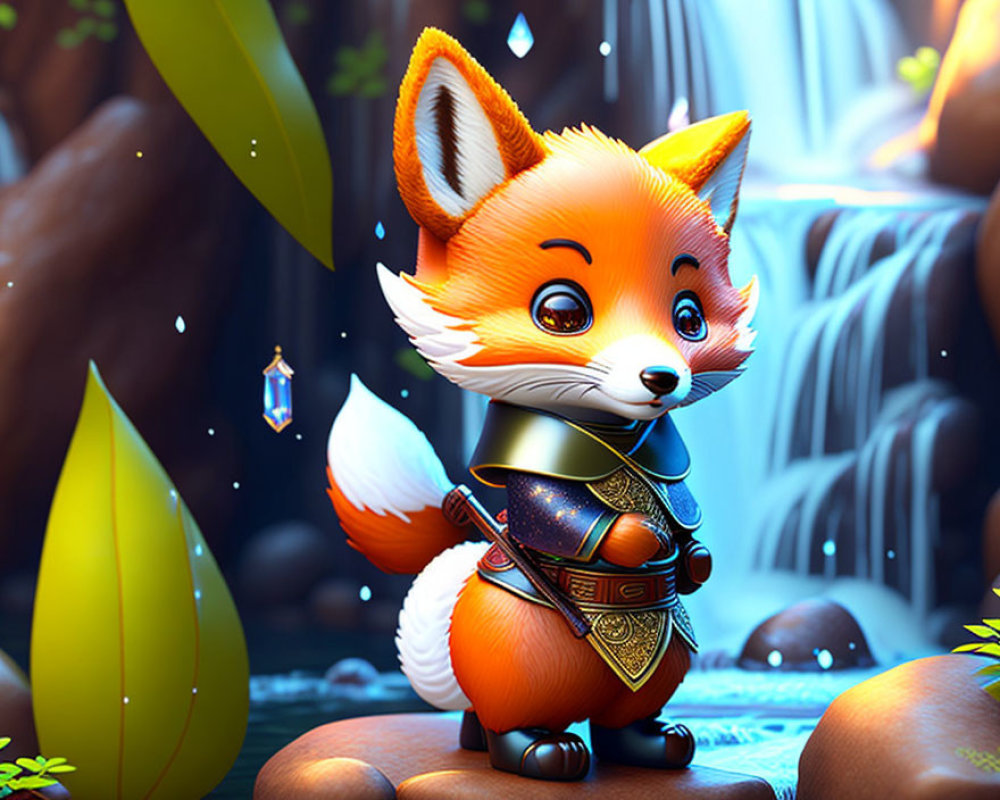 Anthropomorphic fox in medieval armor in vibrant forest with waterfall