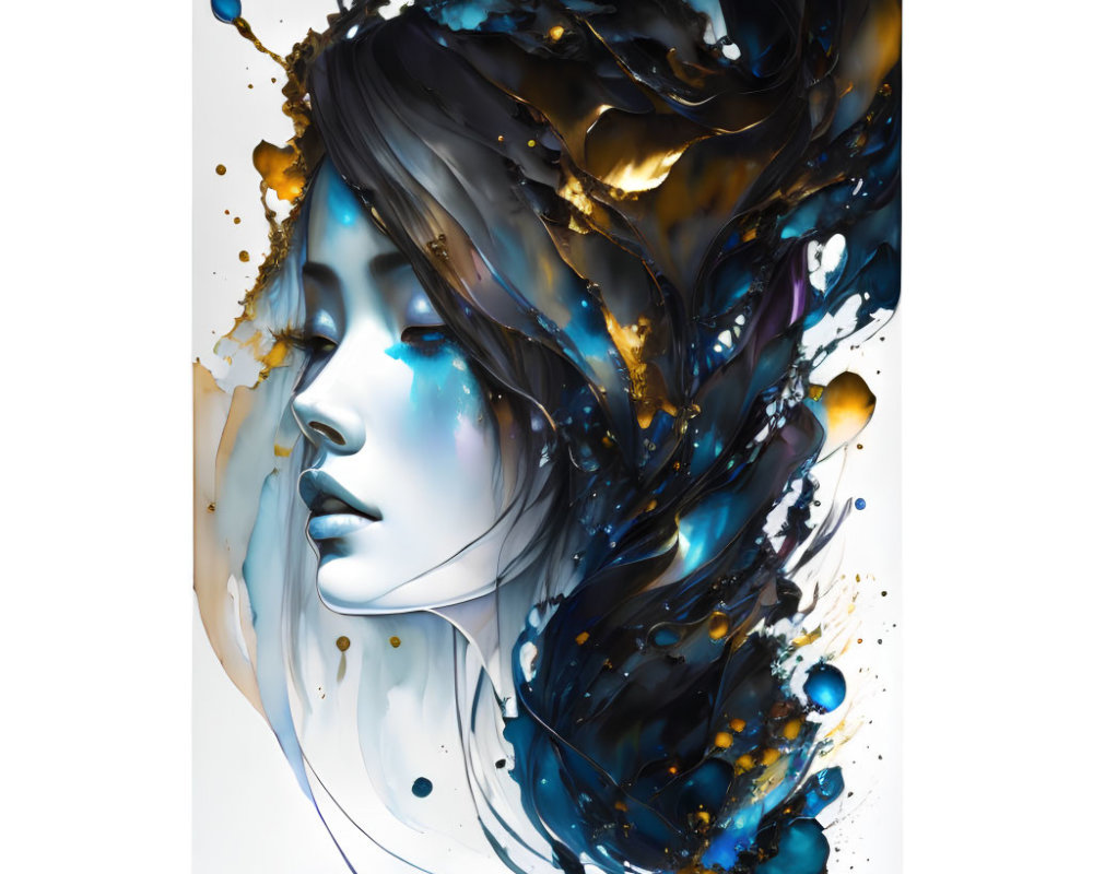 Woman's Profile Artistic Illustration with Blue and Gold Swirls