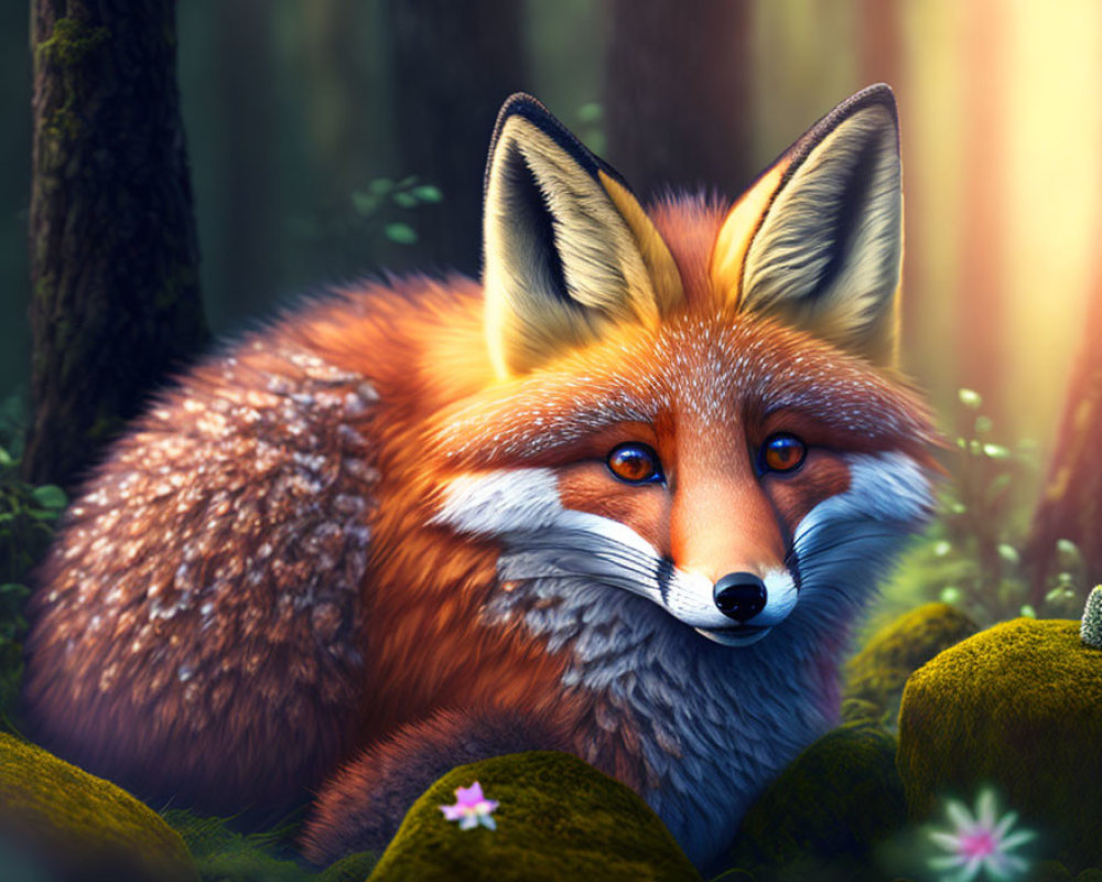 Vivid red fox with blue eyes in forest setting