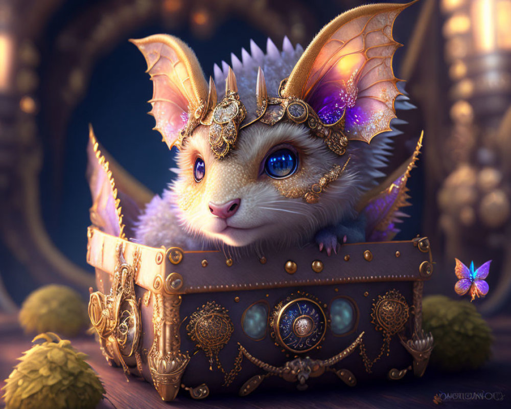 Baby dragon-like creature with hedgehog spines in ornate chest, surrounded by golden baubles