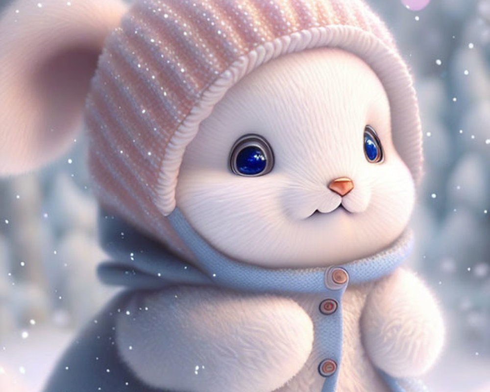 Animated Bunny in Pink Hat and Blue Coat in Snowy Scene