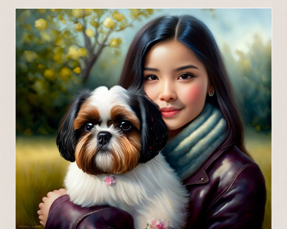 Smiling woman hugging Shih Tzu dog in nature setting