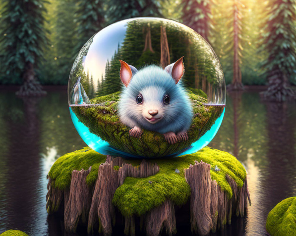 Blue animated creature in bubble on mossy island at sunset