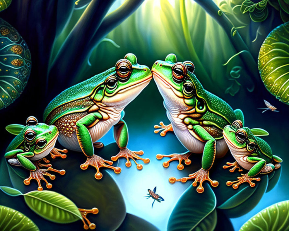 Vibrant Frogs on Shiny Leaves in Lush Jungle Scene