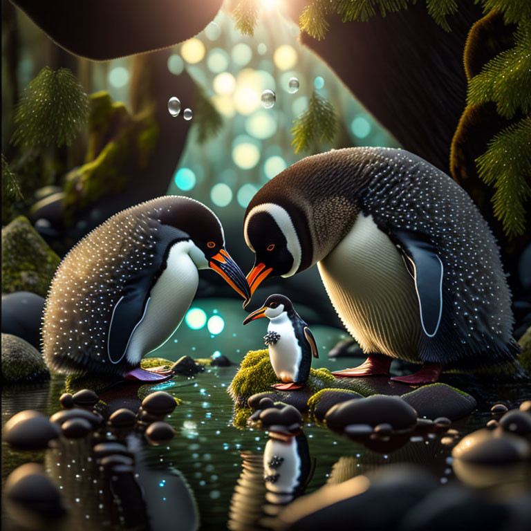 Adult penguins with chick in mystical forest with glowing bubbles