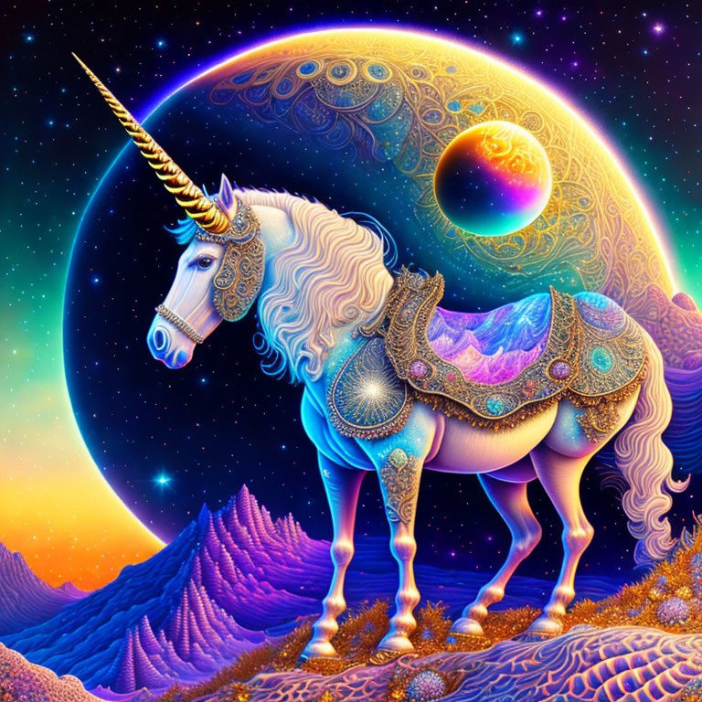 Colorful Unicorn Illustration with Cosmic Background and Moons