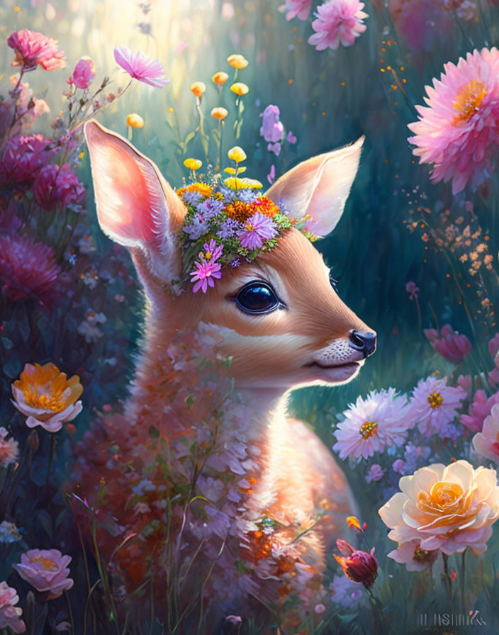 Young deer with floral crown in vibrant meadow scene.