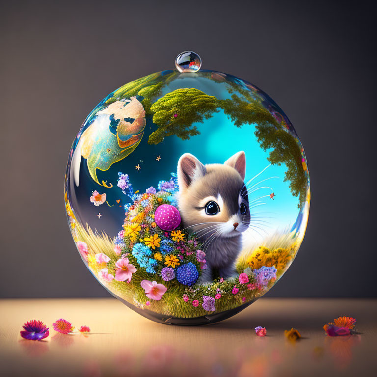 Colorful kitten illustration in transparent globe with flowers, butterflies, Earth depiction