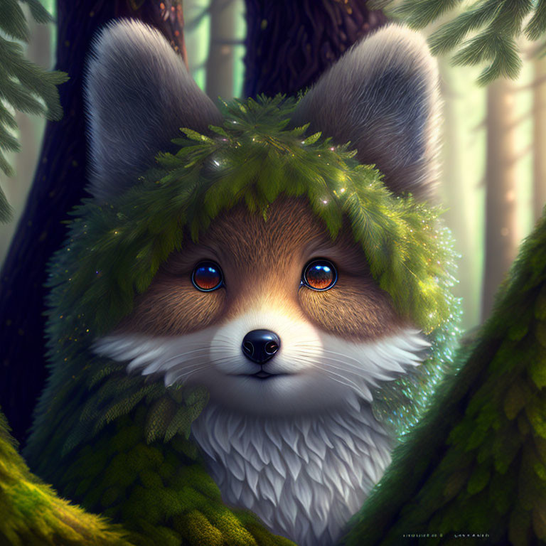 Illustration of fox with blue eyes in lush forest setting