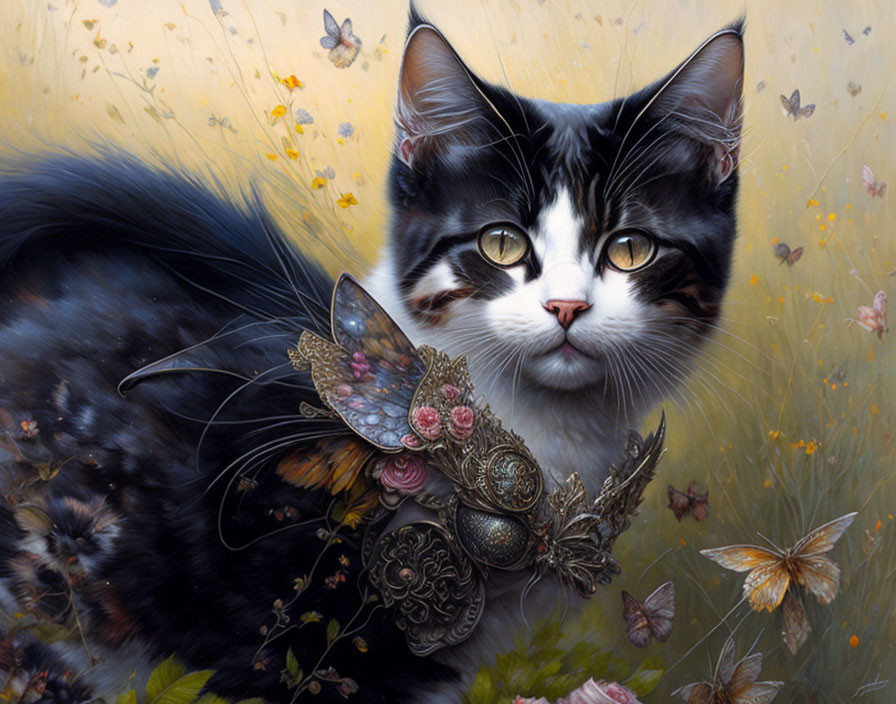 Detailed black and white cat artwork with steampunk wings, gears, and butterflies in whimsical field