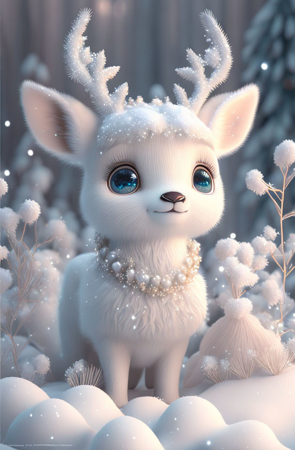 Snow-White Fawn with Blue Eyes and Pearls in Snowy Flora