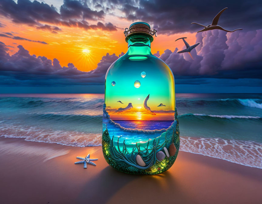 Digital Artwork: Glass Bottle Seascape with Sunset and Marine Life