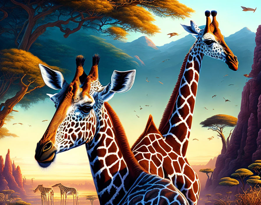 Prominent patterned giraffes in lush savanna landscape