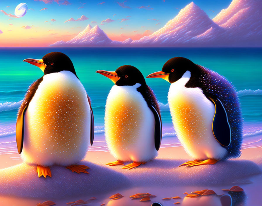 Glowing penguins on beach at sunset with ocean waves and icebergs