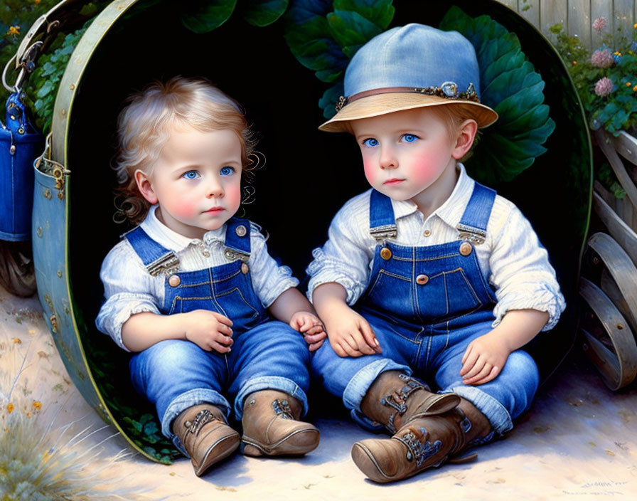 Two Toddlers in Denim Overalls and Hats Sitting in Large Green Bucket