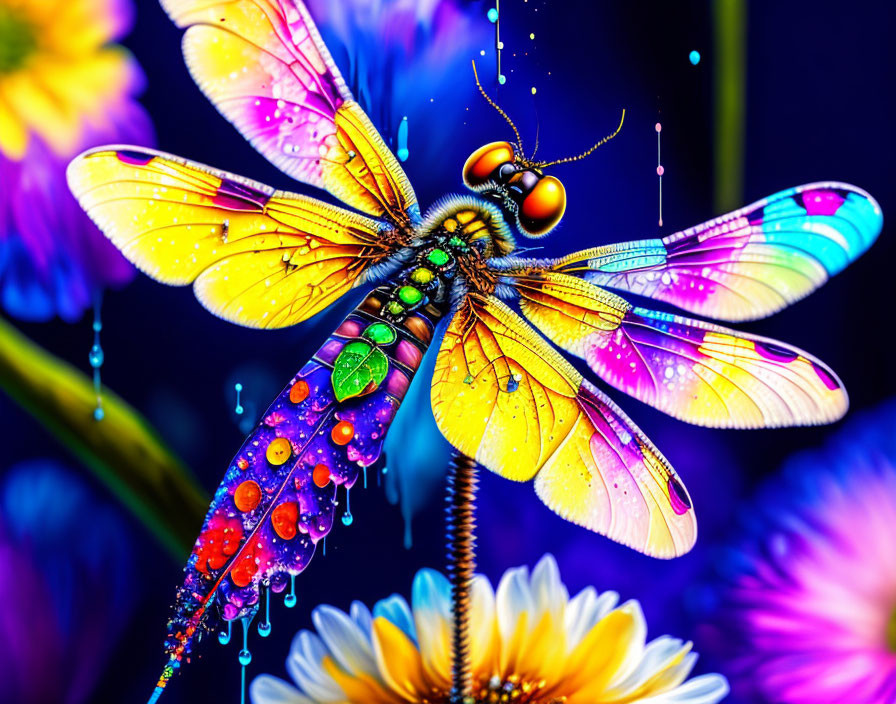 Colorful Digital Art: Dragonfly with Water Droplets on Wings on Flower