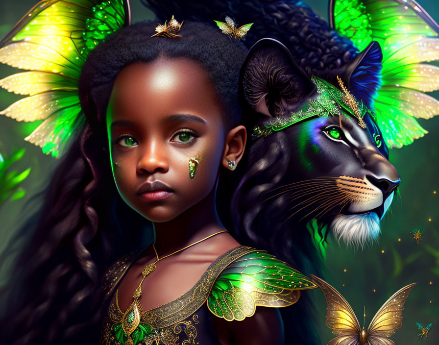 Fantasy portrait of young girl with fairy wings and mystical black panther