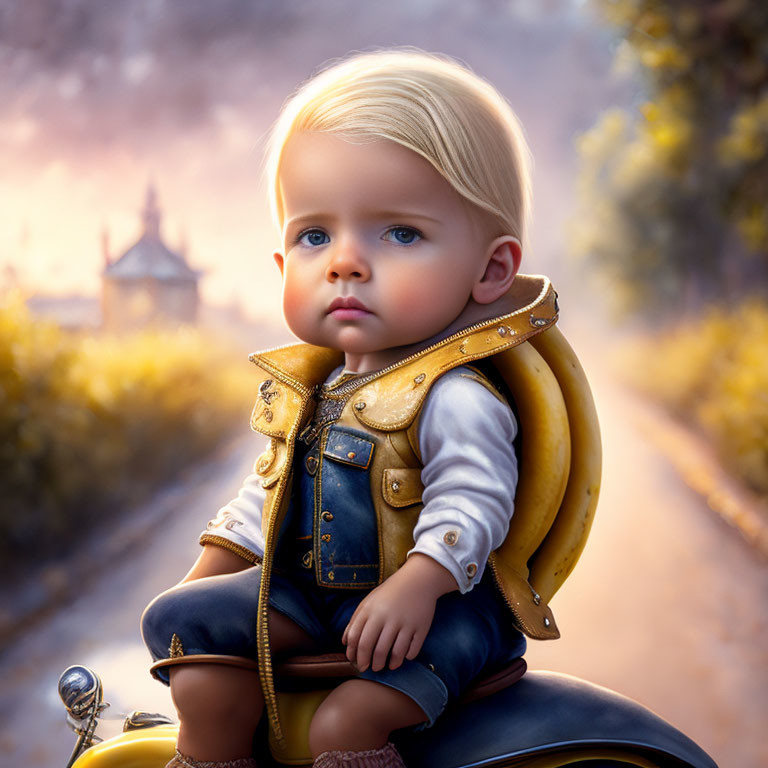 Blonde Toddler on Toy Motorcycle in Countryside Sunset