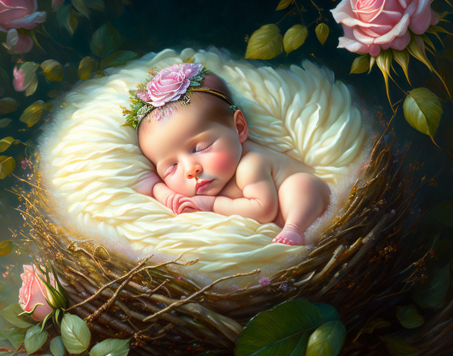 Infant sleeping peacefully in flower-adorned nest bed surrounded by soft textures and rose blooms