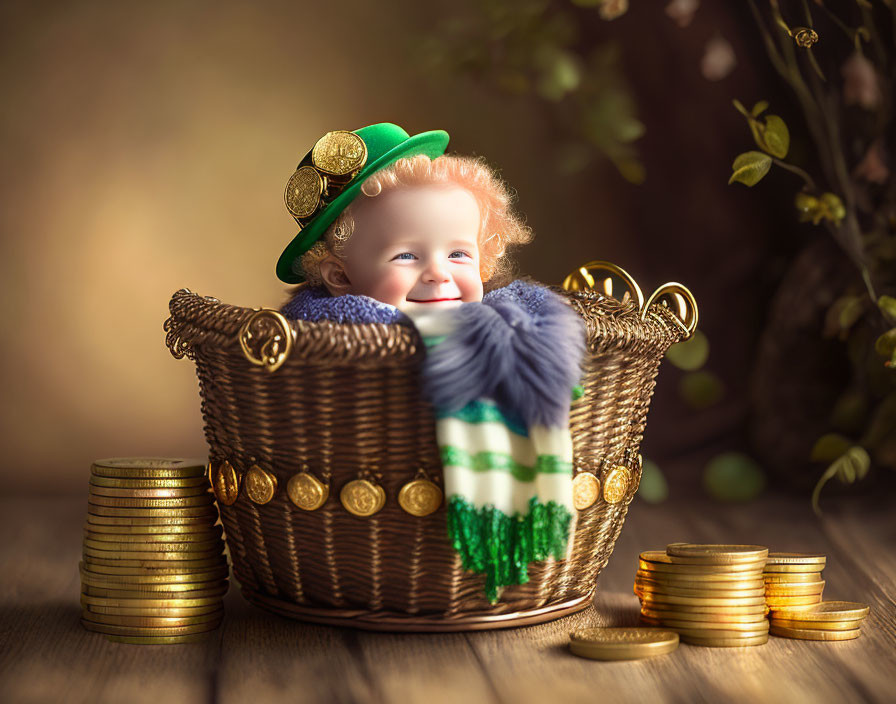 Adorable baby in leprechaun hat with gold coins in magical woodland setting