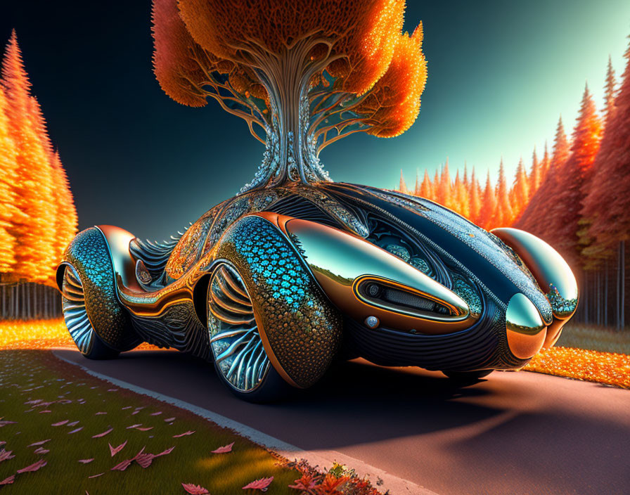 Futuristic organic design vehicle parked among autumn trees