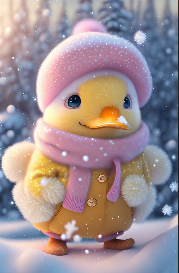 Illustrated Chick in Pink Winter Attire in Snowy Scene