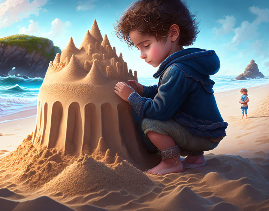 Children building sandcastles on sunny beach.