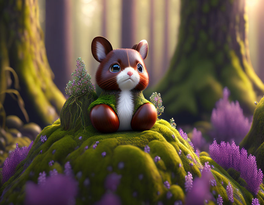 Whimsical 3D illustration of adorable squirrel in magical forest