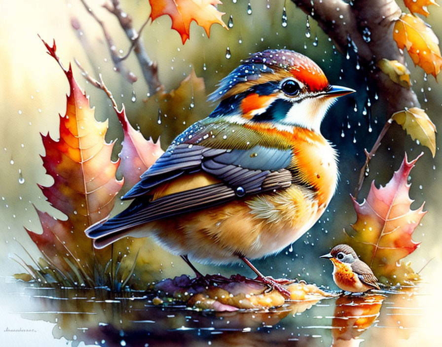 Colorful Birds Illustration with Autumn Leaves and Rain Droplets