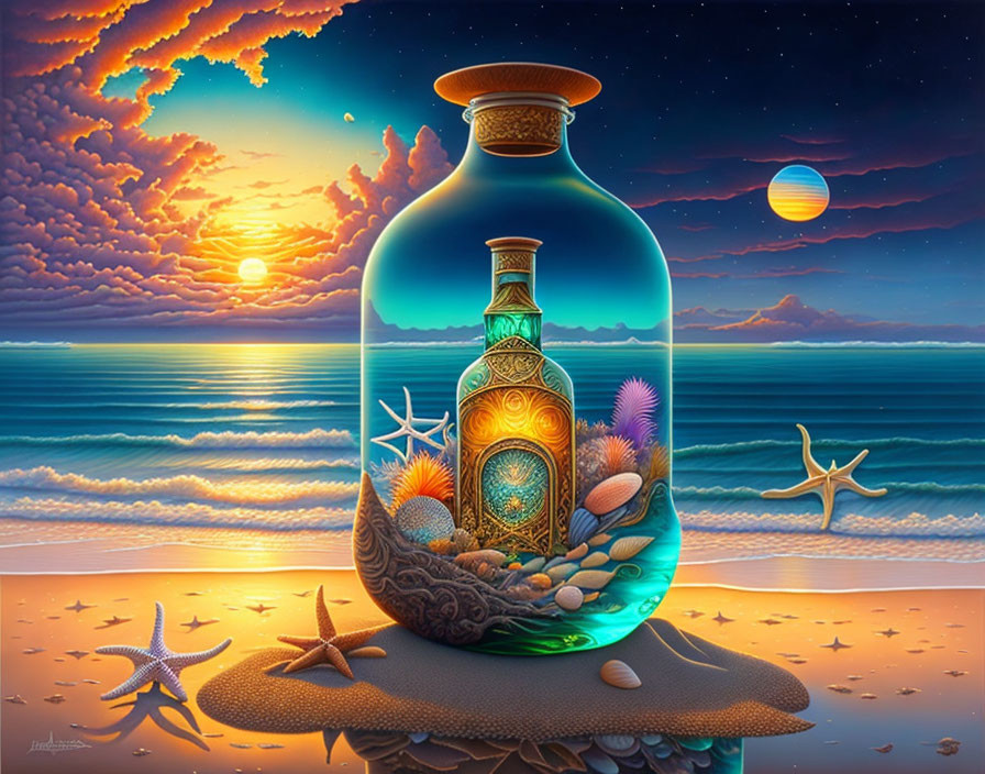 Colorful surreal artwork: glass bottle on beach with seascape under celestial sky