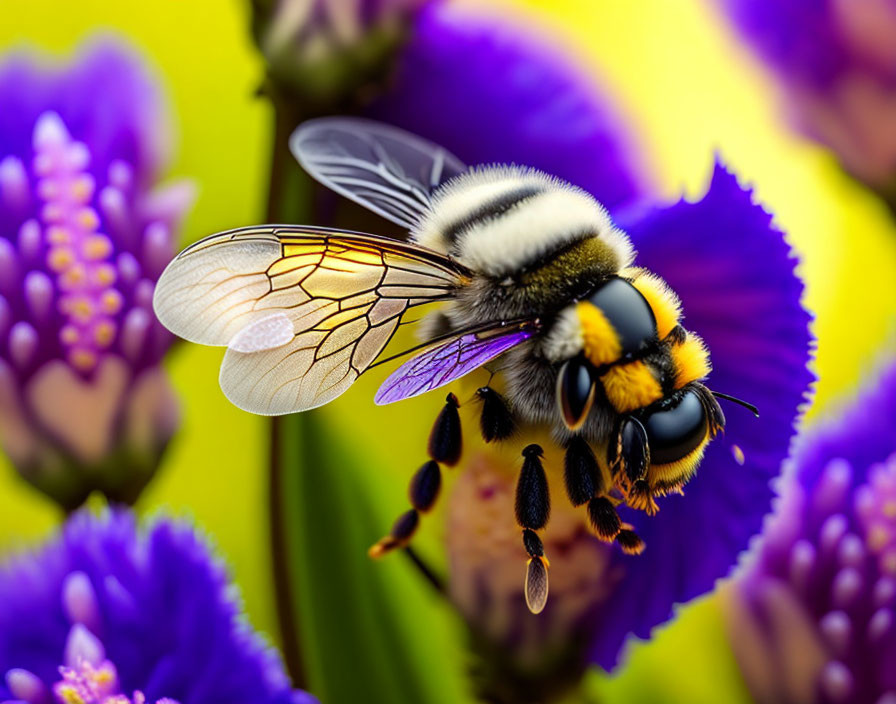 Detailed Close-Up of Bumblebee Pollinating Purple Flowers