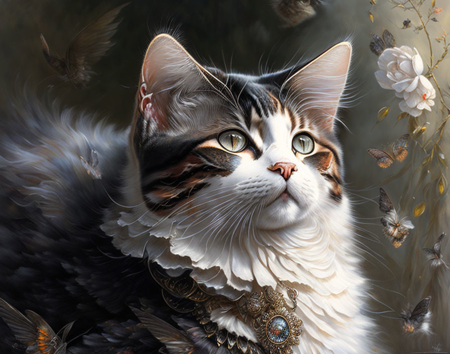 Majestic cat with feathered wings, jewelry, moths, and white flowers