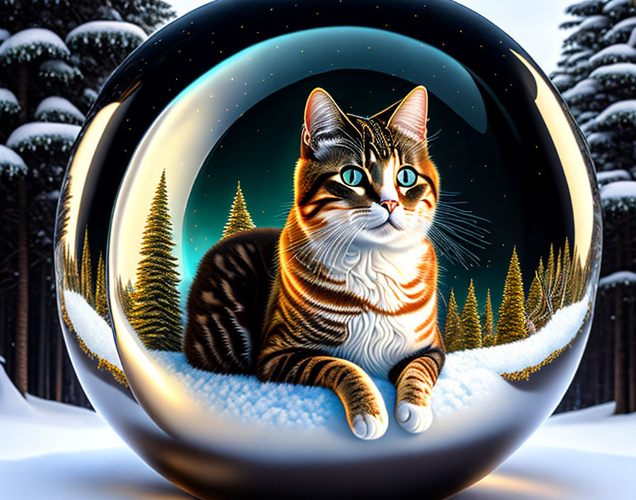 Cat in Reflective Sphere Over Snowy Pine Trees Under Starry Night Sky