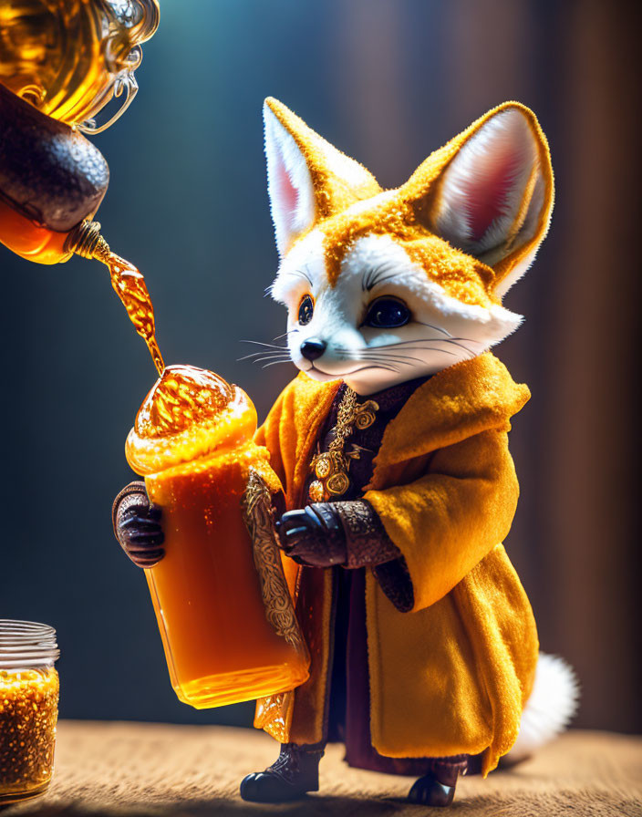 Anthropomorphic fox pouring golden honey in yellow robe