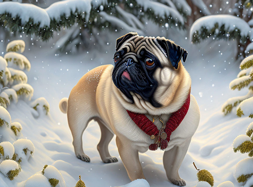 Pug in Red Scarf in Snowy Landscape