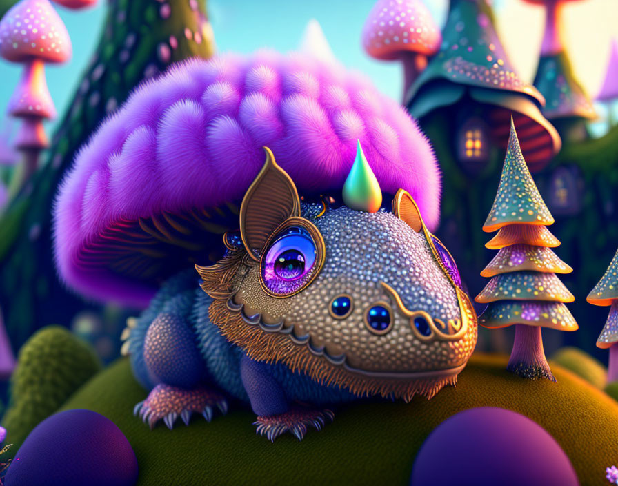 Colorful Illustration of Chubby Creature Surrounded by Mushroom Houses